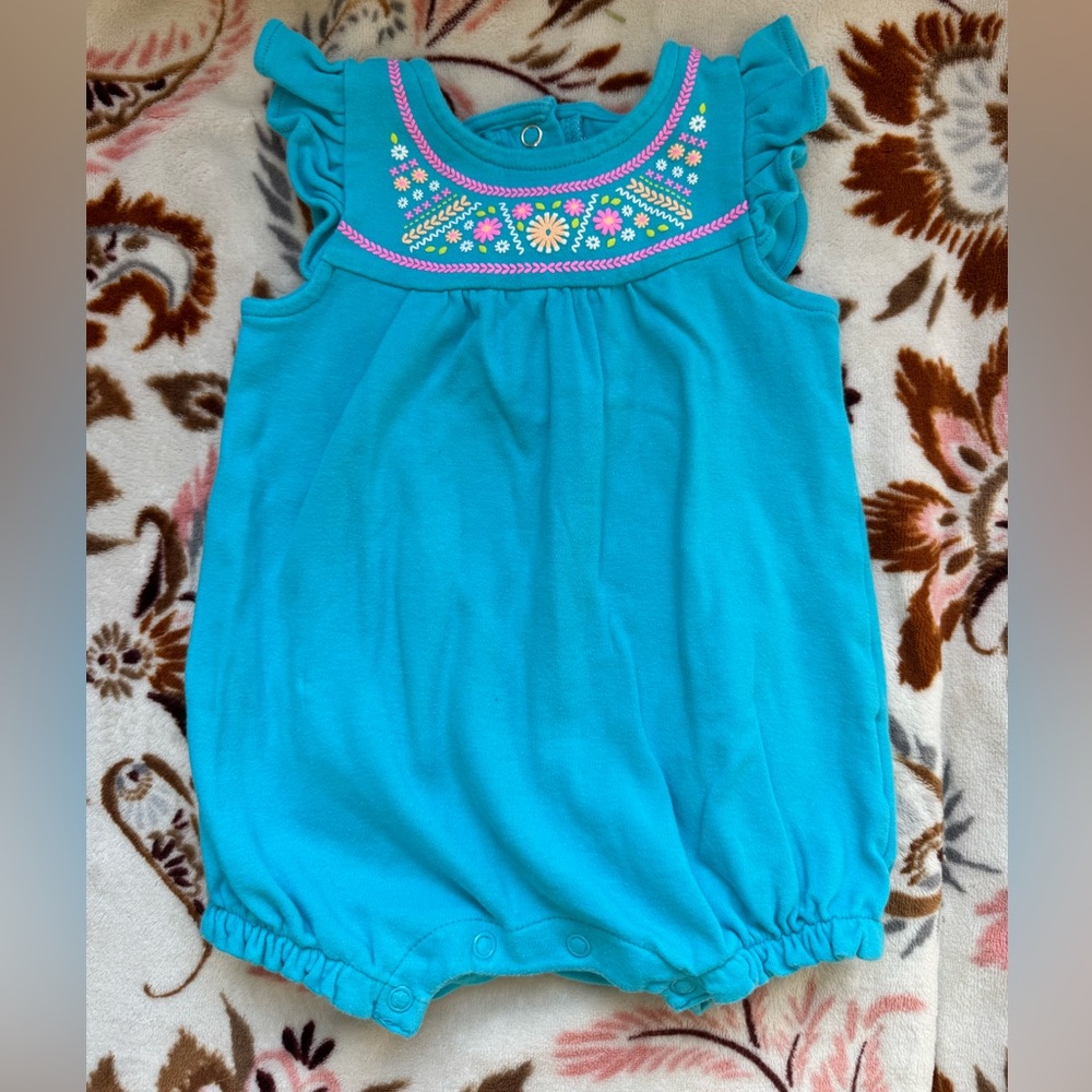Small Wonders Teal Romper with Floral Accents